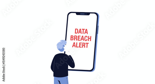 Flat minimalist illustration of a person looking at a giant smartphone showing “Data Breach Alert”, tech privacy concept.
