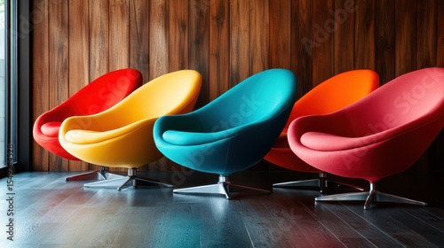 A vibrant collection of egg-shaped chairs in various colors, showcasing modern design and bold aesthetics against a wooden wall in a stylish interior setting.