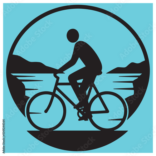 Silhouette of a cyclist riding bicycle near lakeside landscape inside a circle
