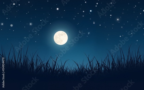 Moonlit night scene, tall grass, starry sky, peaceful background, ideal for serenity or nature themes. High quality