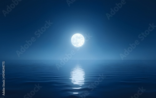 Tranquil Moonlit Ocean Scene with Twilight Horizon Glow Wide Angle Symmetrical Reflection Ideal for Meditation Backgrounds or Fantasy Themes. High quality