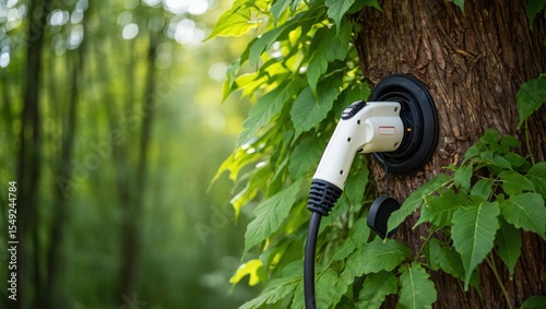 Electric Vehicle Charging Connector Plugged into Tree Trunk Amid Forest Foliage