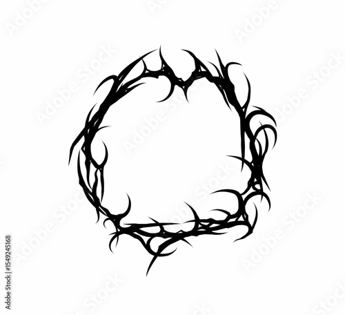 Thorny tribal circle for decorative use with organic dark style in solid black silhouette