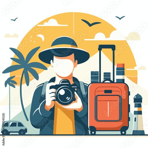 image of a photographer holding a DSLR camera on the street with a simple and minimalist flat design using a white background