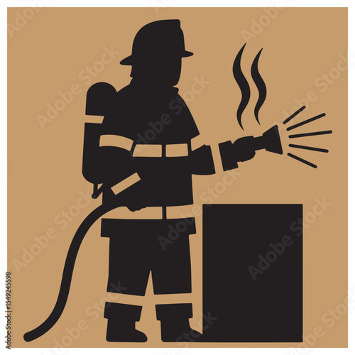 Silhouette of a firefighter extinguishing flames with water from a hose in a dangerous scene