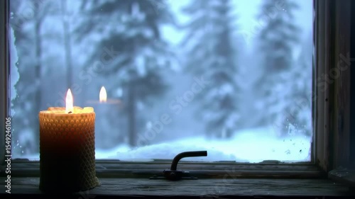 Candle burning on frosty windowsill, snowy forest outside, creating warmth and solitude indoors – winter stillness and peaceful reflection
