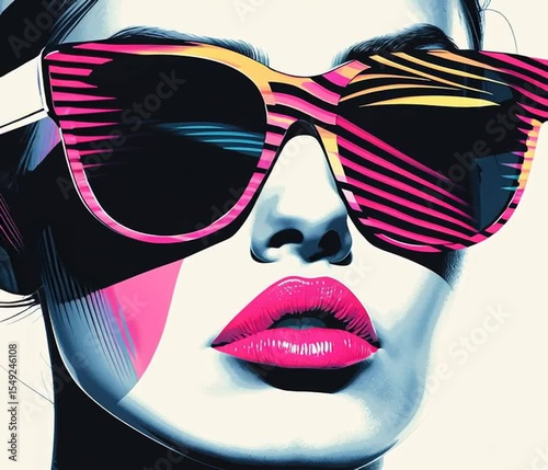 Colorful pop art poster illustration of a beautiful woman in outrageous sunglasses with a finger to her lips.	