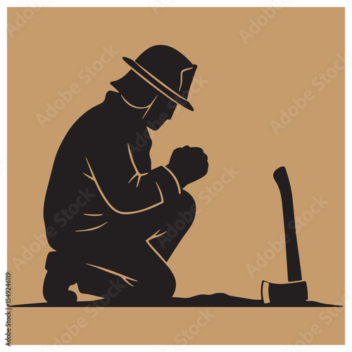 Silhouette of a firefighter kneeling with axe symbolizing courage and remembrance