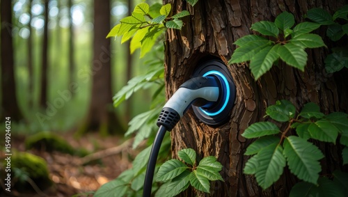 Electric Vehicle Charging with Eco friendly Cable Connected to Tree Trunk in Forest