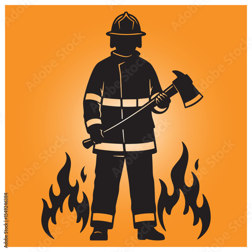 Silhouette of a firefighter standing in front of flames with an axe ready for action