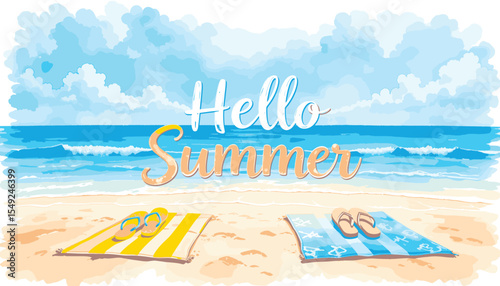 A vibrant illustration of a summer beach with colorful flip-flops and towels on the sand, with crystal-clear ocean waves and a sunny sky. Perfect for summer, vacations