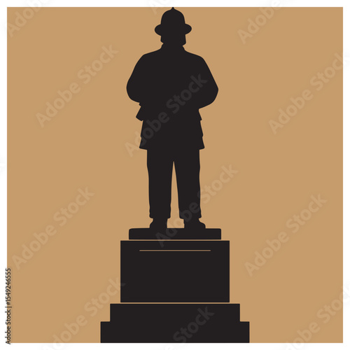 Silhouette of a firefighter statue standing erect on a pedestal with brown background