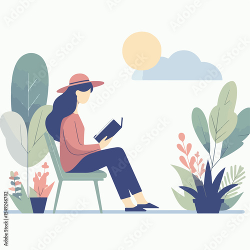 image of a woman reading a book while sitting in the park with a simple and minimalist flat design using a white background