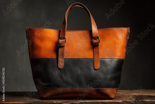 Sophisticated two-tone leather tote in light brown and black on wooden surface with dark gray backdrop
