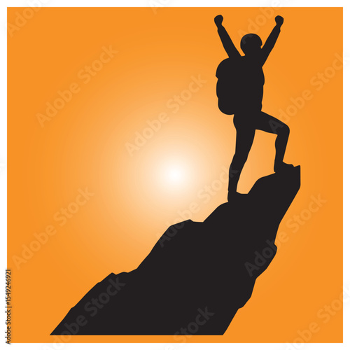 Silhouette of a hiker standing on a mountain peak celebrating success reaching goals