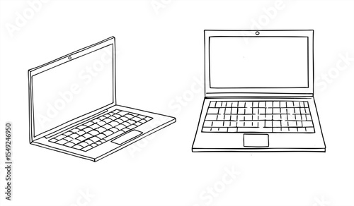 Stylized two open laptops in front view and isometric perspective monochrome vector set. Simple line art of monochrome notebook for tech presentation, digital workspace concept, modern business