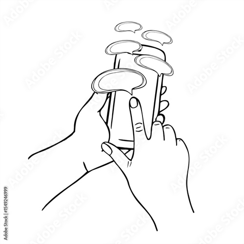 Thumb scrolling on a smartphone screen with flying message bubbles black and white vector illustration. Online communication line art for UI, UX design, social media concept, digital projects