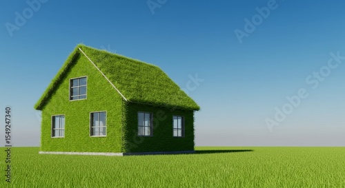Wallpaper Mural Eco-Friendly Green House in Meadow - A charming green house covered in grass sits in a vibrant green field under a clear blue sky. Sustainable living concept Torontodigital.ca
