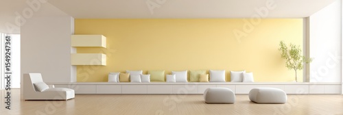 Minimalist living room with yellow accent wall and modern furniture