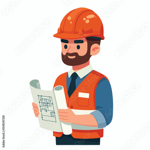 image of construction workers wearing orange vests and helmets with a simple and minimalist flat design using a white background
