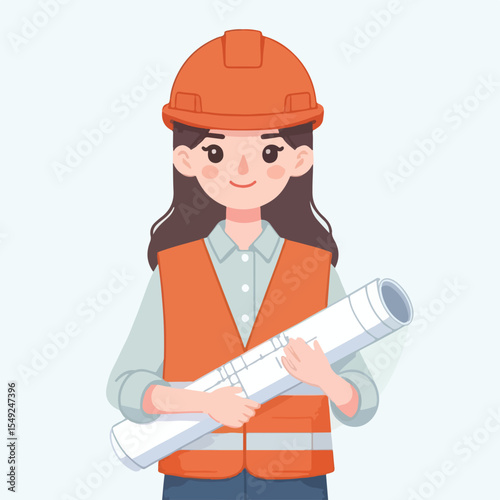image of construction workers wearing orange vests and helmets with a simple and minimalist flat design using a white background