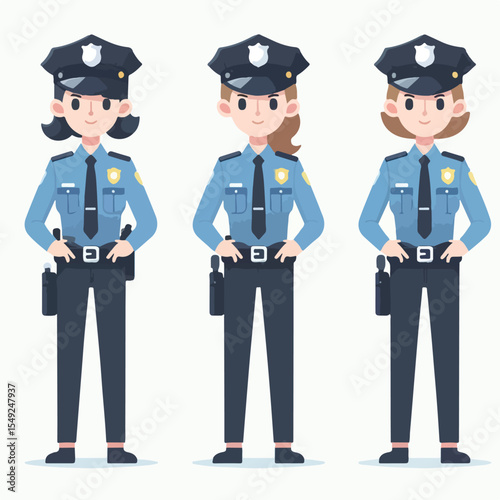 image of a police officer standing upright wearing a uniform and badge with a simple and minimalist flat design using a white background