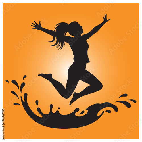Silhouette of a woman jumping over water with arms raised on an orange background.