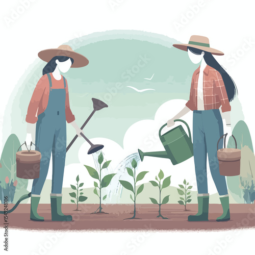 image of a farmer watering plants with a simple and minimalist flat design using a white background