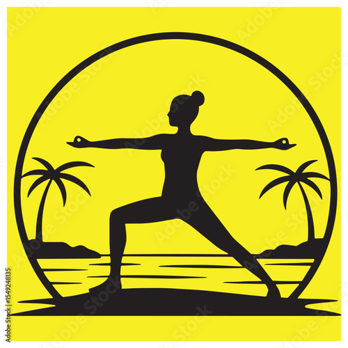 Silhouette of a woman practicing yoga on a beach with palm trees at sunset or sunrise