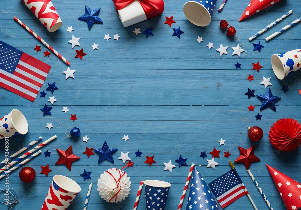Obraz premium Festive american independence day party decorations scattered on blue wood background