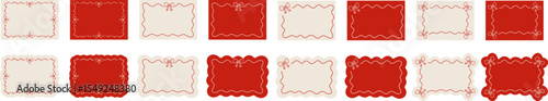 Set of 16 blank invitation card templates in red and beige with hand drawn bow and decorative borders. Includes rectangular and scalloped shapes. Vector EPS 10