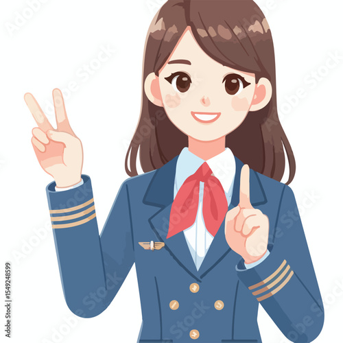 image of a flight attendant smiling while giving a safety signal with a simple and minimalist flat design using a white background