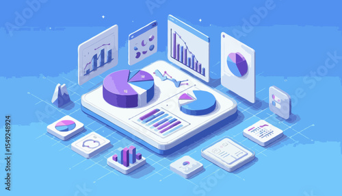 Isometric 3D city with abstract technology and computer network icons illustrating social media and business connections