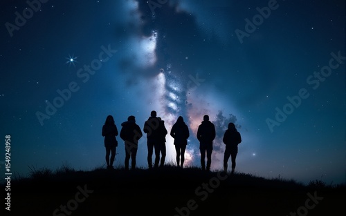 Silhouette of a group of people standing on a hill. Behind them is the beautiful bright Milky Way Galaxy. High quality