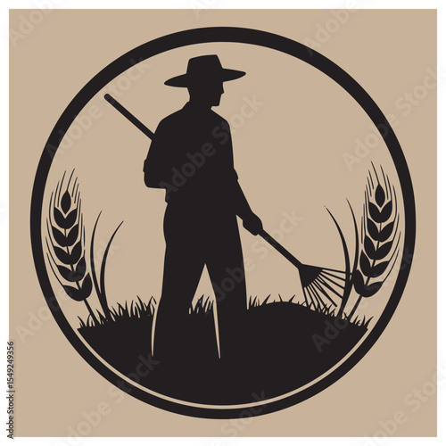 Silhouetted farmer with rake and wheat in circular frame representing agriculture and farming