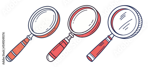 Three hand drawn magnifying glasses with red handles on white background
