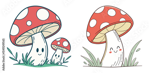 Cute cartoon mushrooms illustration set two happy fungi in grass