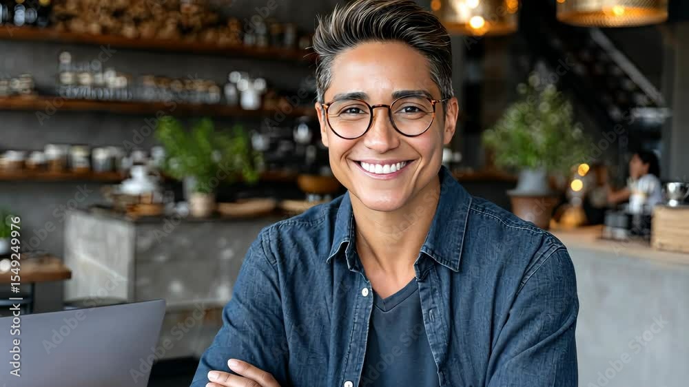 Cheerful individual posing in a cozy cafe with a laptop and wooden decor in a vibrant atmosphere filled with plants Cheerful individual posing in a cozy cafe with a laptop and wooden decor in a vibrant atmosphere filled with plants