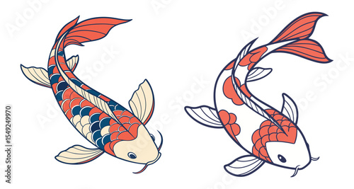 Two koi fish designs japanese style red orange white blue illustration