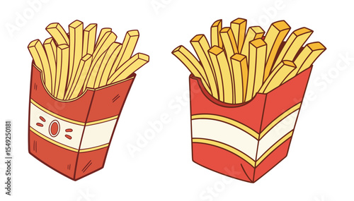 Two cartoon illustrations of french fries in red boxes