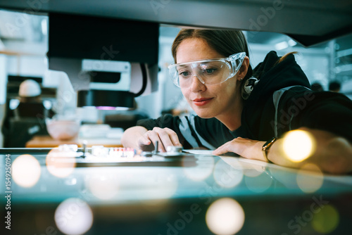 Robotic Engineer Woman in Semiconductor Factory Developing and Inspecting Smart Automation Robot Arm Prototype