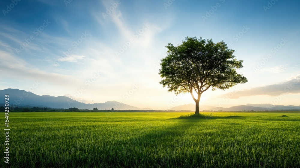 Obraz premium A magnificent solitary tree stands tall in a vibrant green field under a dramatic sky, symbolizing strength and serenity in nature's beauty during the golden hour.
