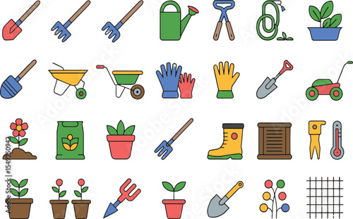 Vector illustration set of gardening tools icons in a seamless pattern