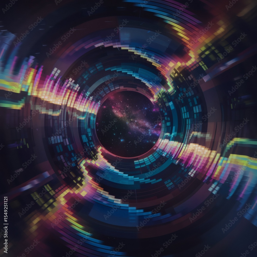 Fototapeta premium Holographic tunnel with rainbow-colored waveforms and shifting particle clusters, deep sci-fi visual, 16:9. 