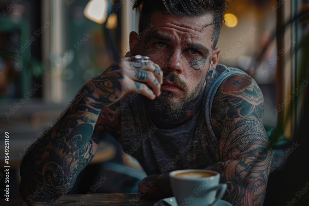 High Definition View of Man with Tattoos Drinking Coffee at Cafe High Definition View of Man with Tattoos Drinking Coffee at Cafe