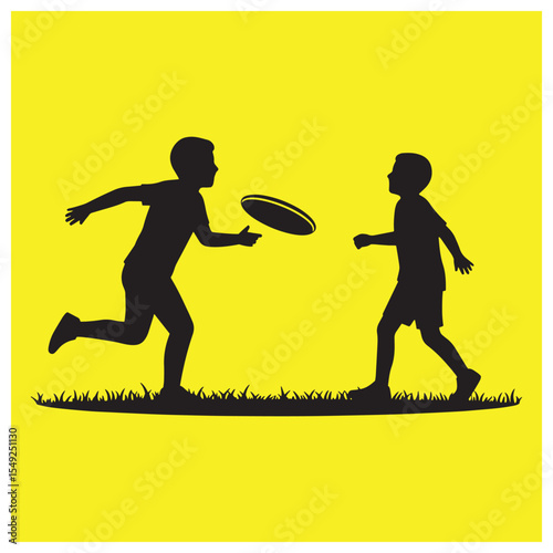 Two children playing frisbee silhouettes on a bright yellow background with grass details