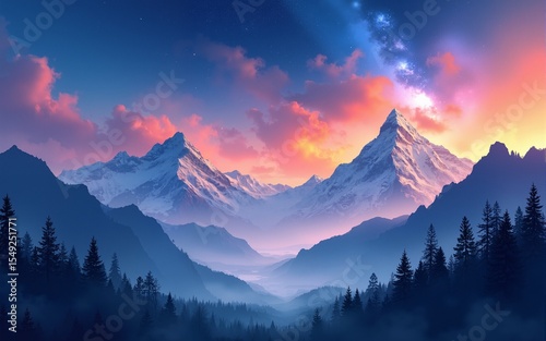 Stunning mountainous landscape with vibrant colors and starry sky in watercolor style, ideal for nature themes, copy space. High quality