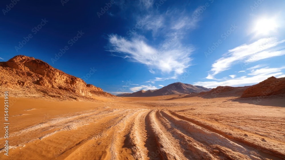 Fototapeta premium A stunning desert landscape showcases vast sandy terrain and rugged mountains under a clear blue sky, highlighting the beauty of nature and tranquility of solitude.