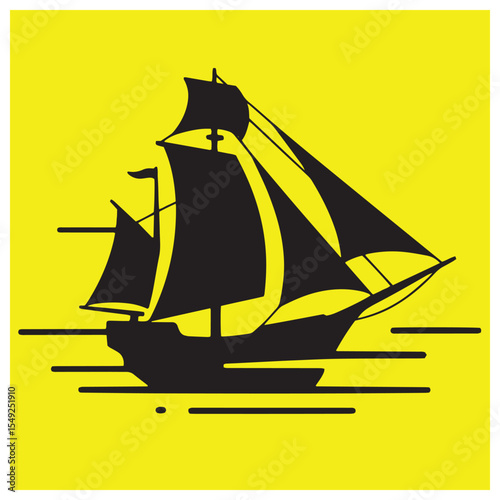 Vector illustration of a silhouette sailboat on a bright yellow background suitable for design