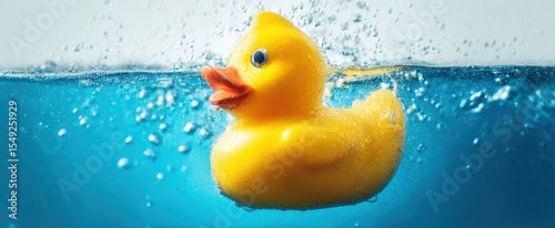 The adorable rubber duck floating on the surface of the water.